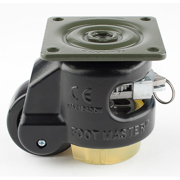 Leveling Caster, Ratchet, 50 mm Nylon Wheel, 73x73 mm Plate, Swivel, 250 kg Cap, PU Foot Pad, Black